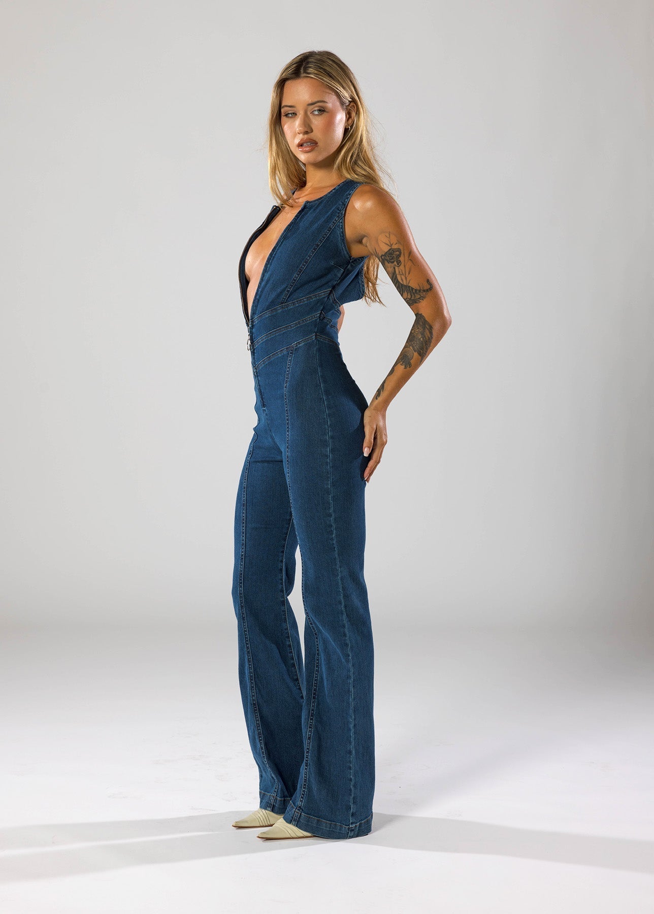 LARA DENIM HEART-SHAPED BACK JUMPSUIT