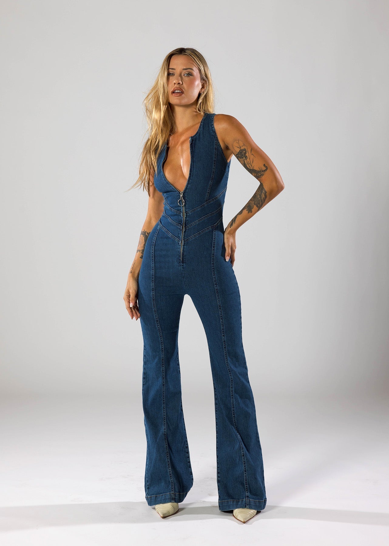 LARA DENIM HEART-SHAPED BACK JUMPSUIT