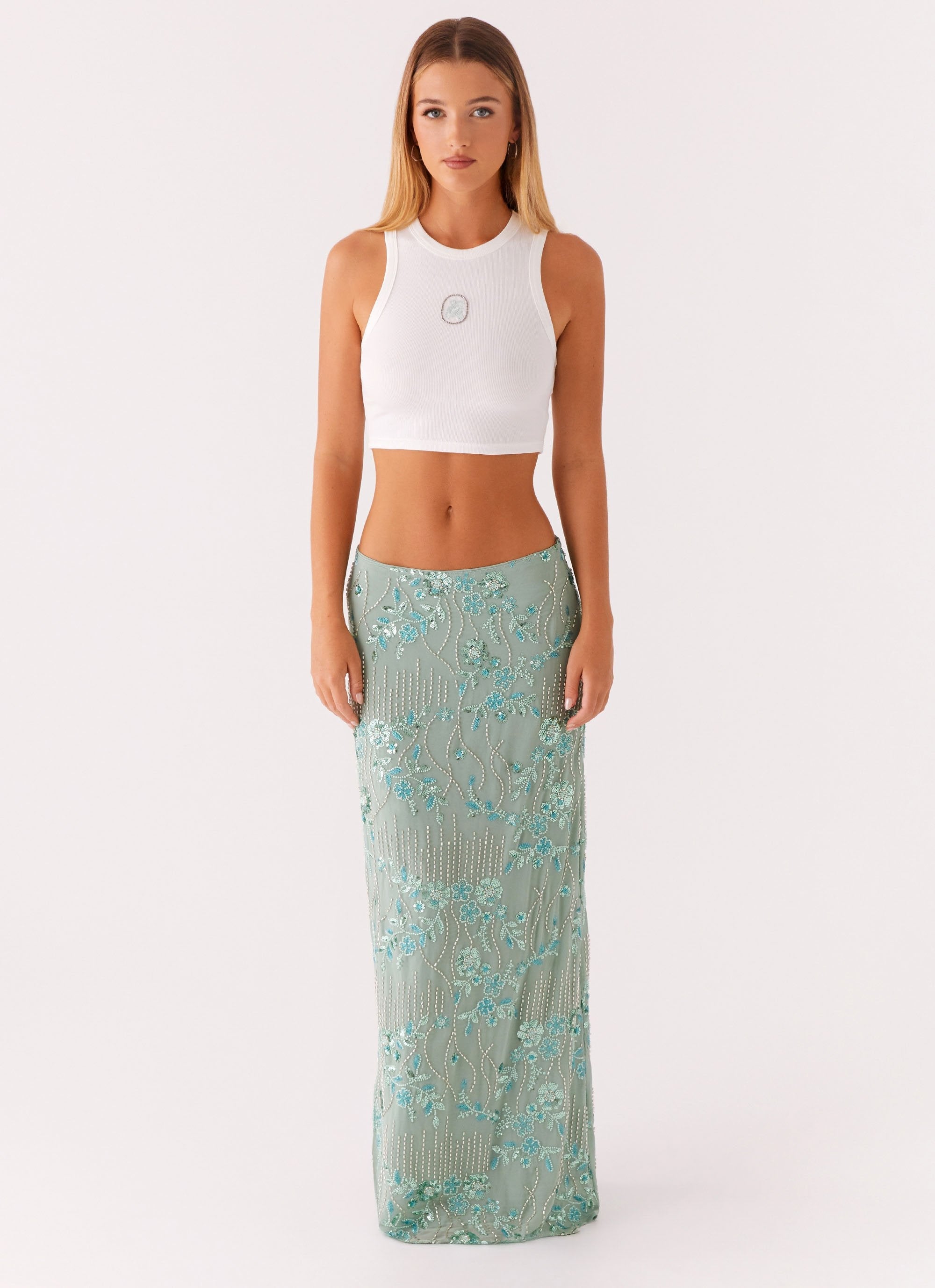 ROMY LOW RISE SEQUIN MAXI SKIRT